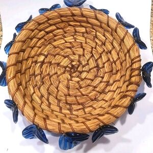 Hand Woven Decorative Basket Bowl With Blue Glass Leaves
